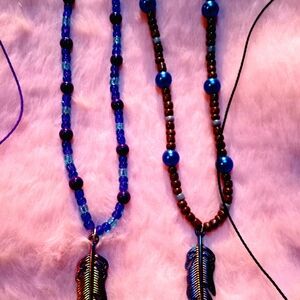 Blue and Brown Beaded Feather Necklaces